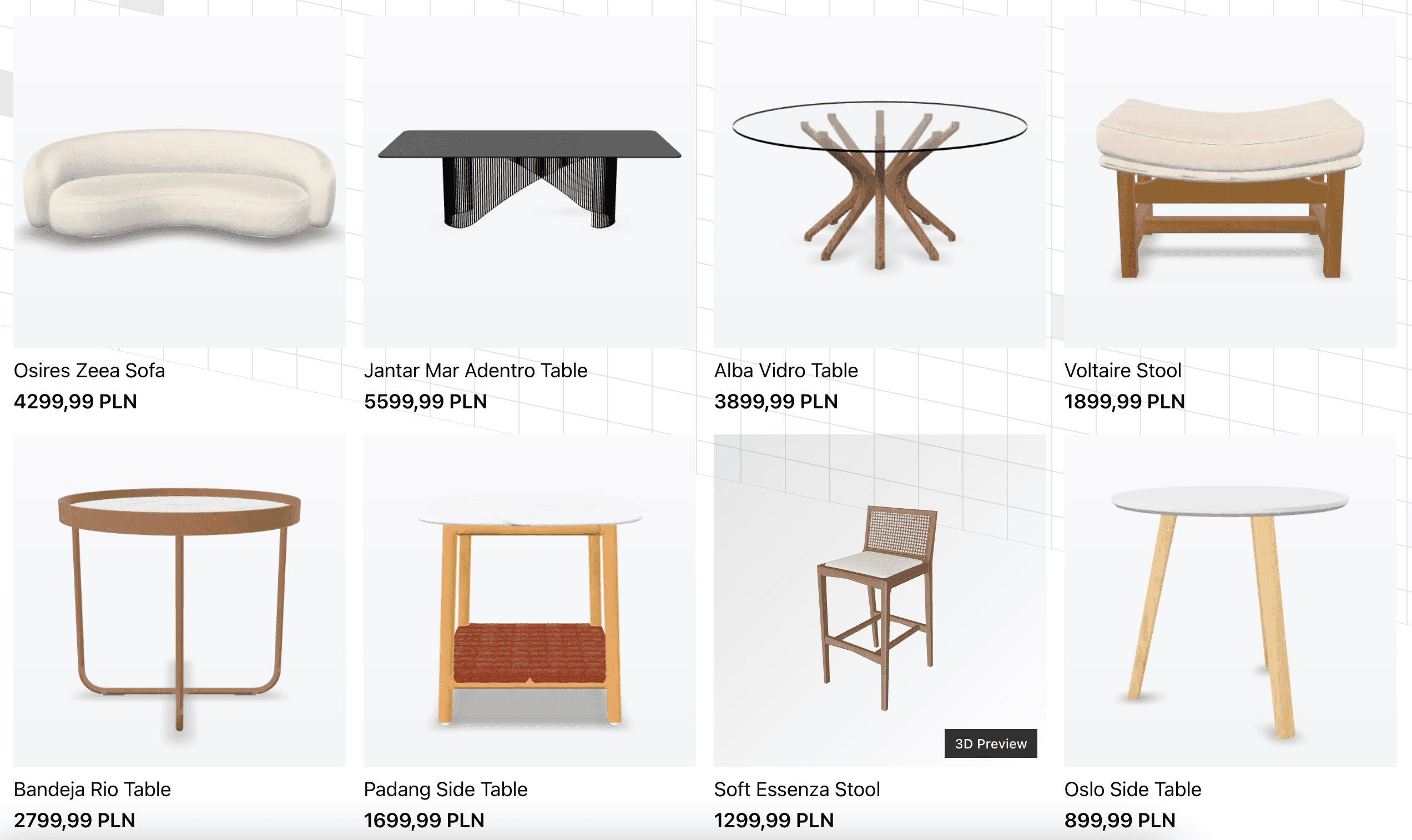 Furniture Shop 3D — siatka produktów z oznaczeniem 3D Preview