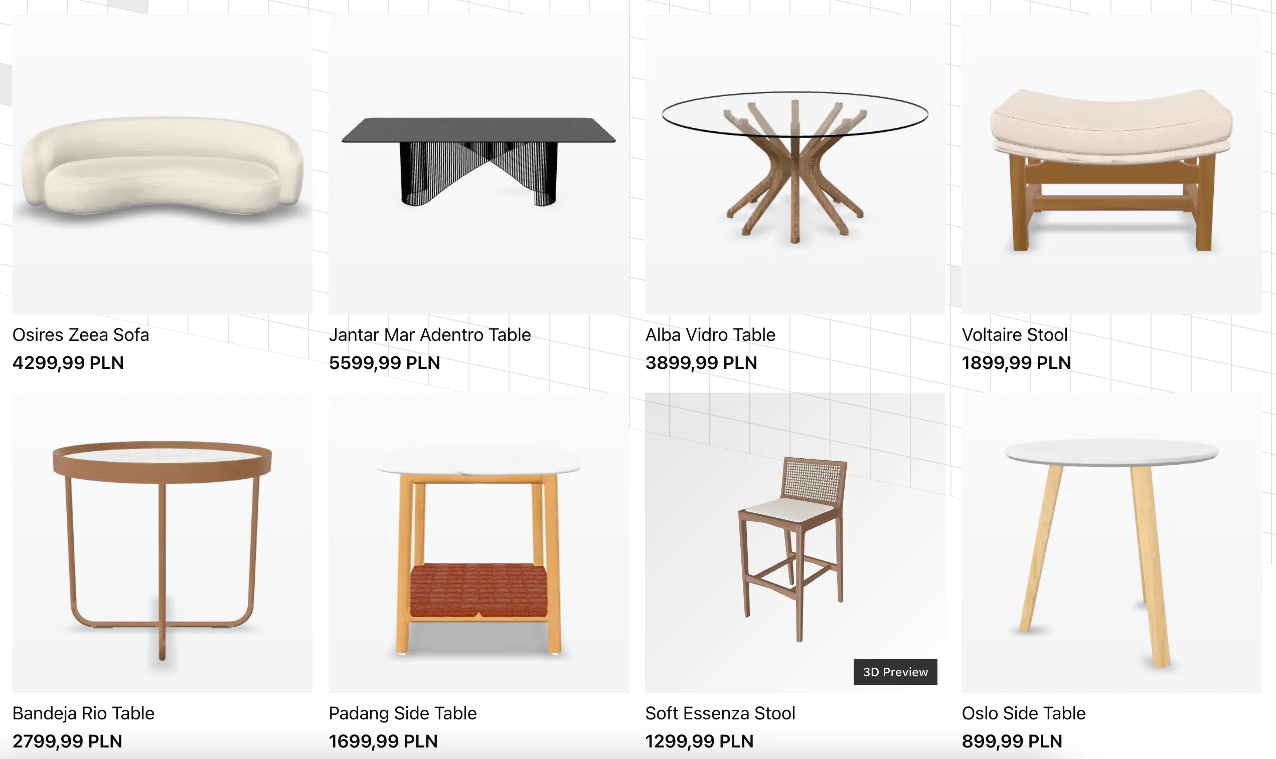 Furniture Shop 3D — siatka produktów z oznaczeniem 3D Preview