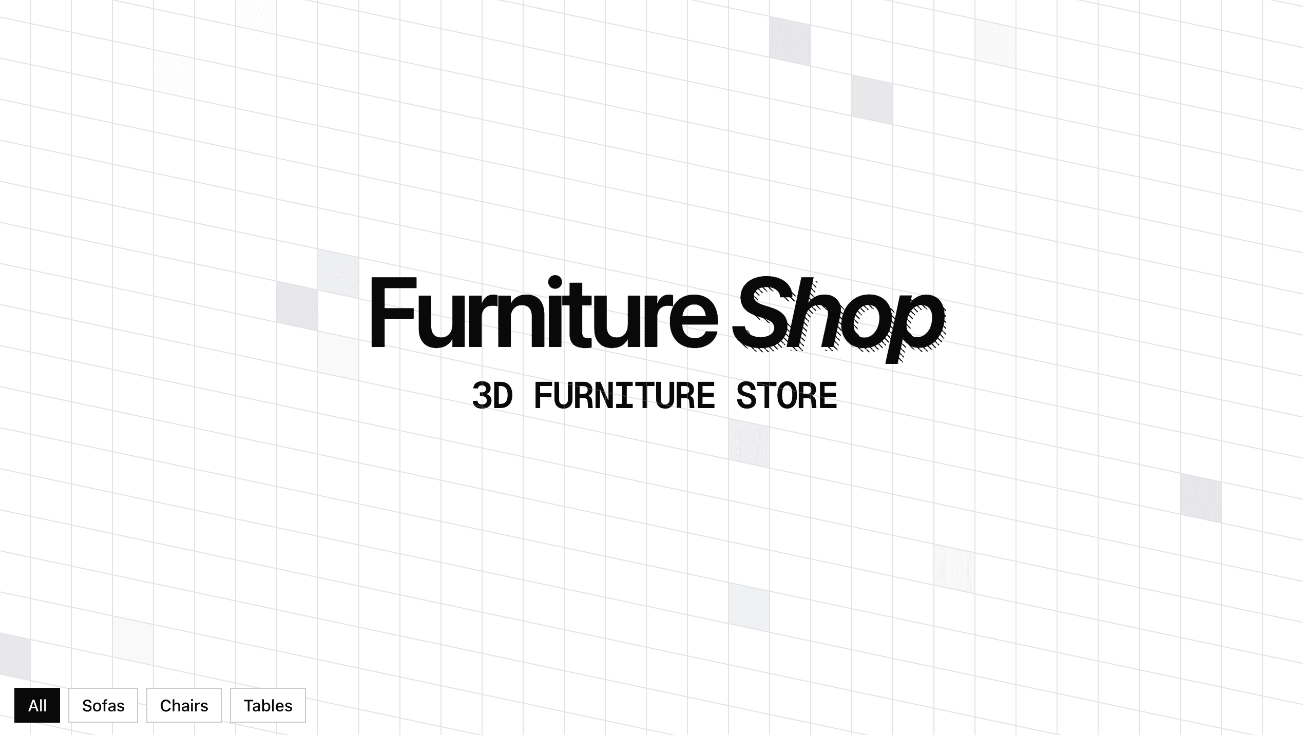 Furniture Shop 3D — strona główna z filtrowaniem kategorii: Sofas, Chairs, Tables