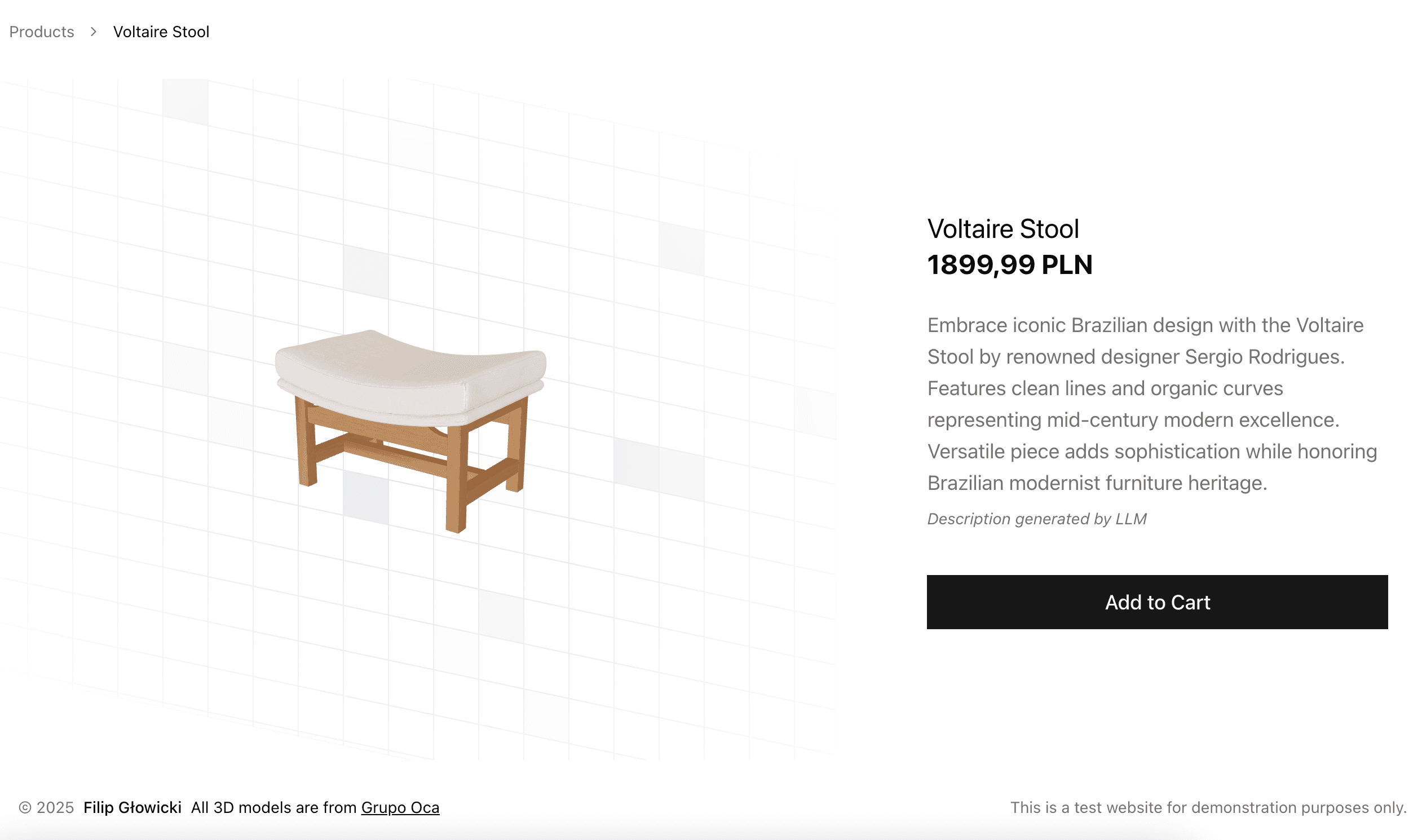 Furniture Shop 3D — strona produktu Voltaire Stool z interaktywnym modelem 3D